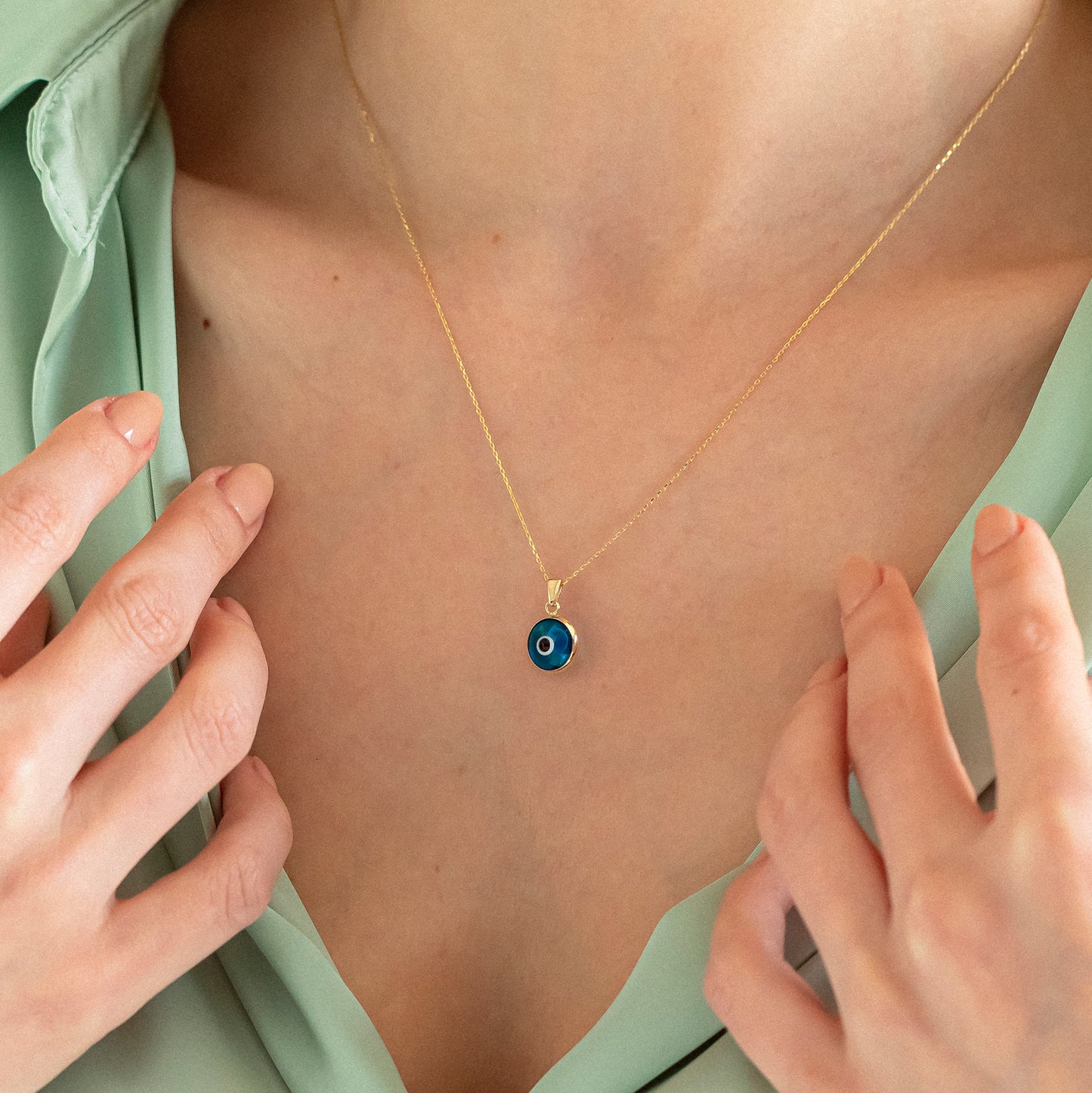Blue Evil Eye Necklace in 14k Solid Gold