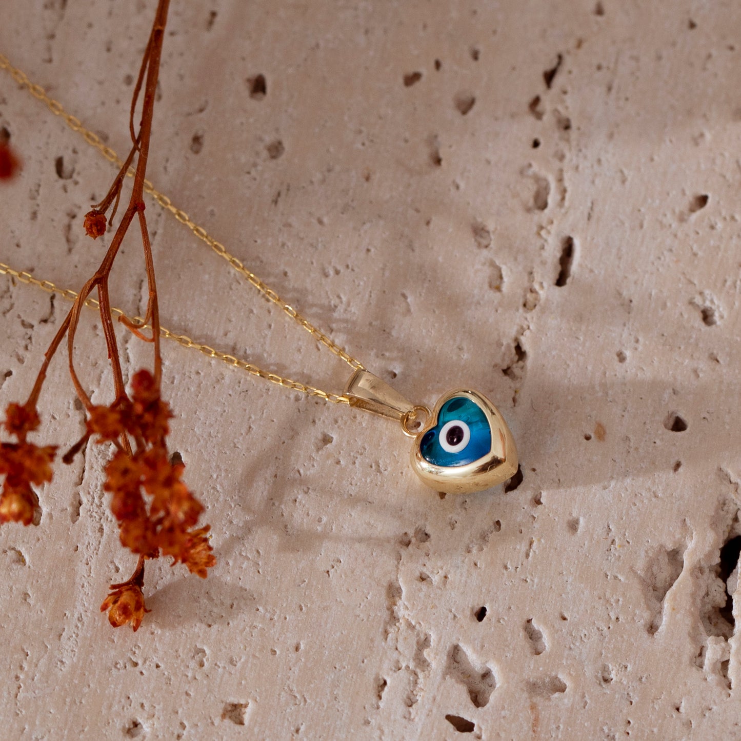 14k Solid Gold Heart Evil Eye Necklace for Women