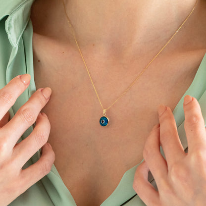 Blue Evil Eye Necklace in 14k Solid Gold