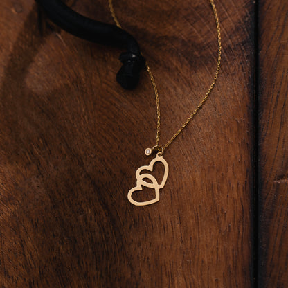 Double Heart Diamond Necklace in 14k Solid Gold for Women