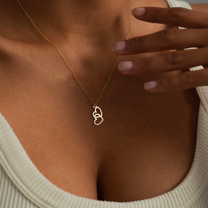 Double Heart Diamond Necklace in 14k Solid Gold for Women