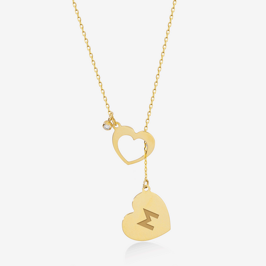 Double Heart Y Diamond Necklace in 14k Solid Gold