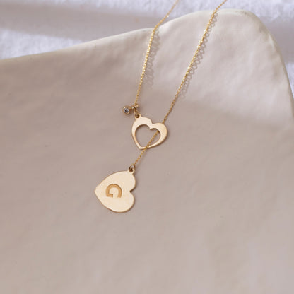 Double Heart Y Diamond Necklace in 14k Solid Gold