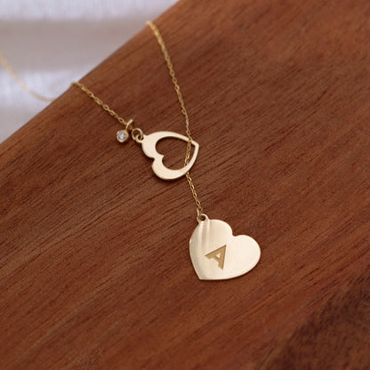 Double Heart Y Diamond Necklace in 14k Solid Gold