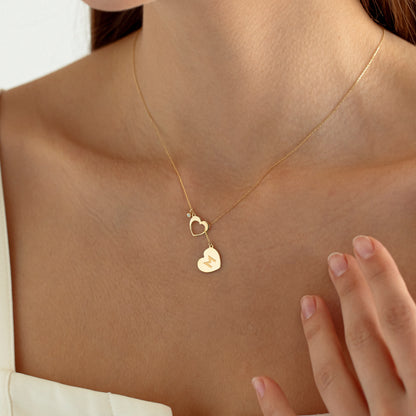 Double Heart Y Diamond Necklace in 14k Solid Gold