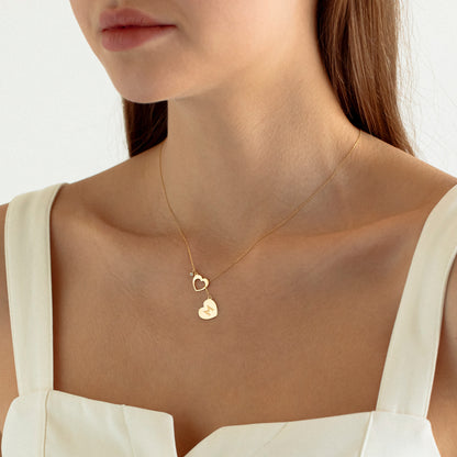 Double Heart Y Diamond Necklace in 14k Solid Gold