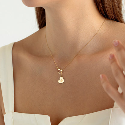 Double Heart Y Diamond Necklace in 14k Solid Gold