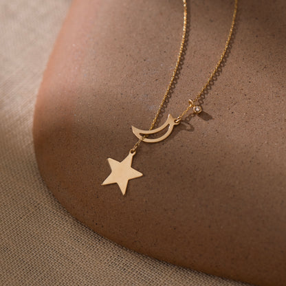 Diamond Moon & Star Y Necklace in 14k Solid Gold