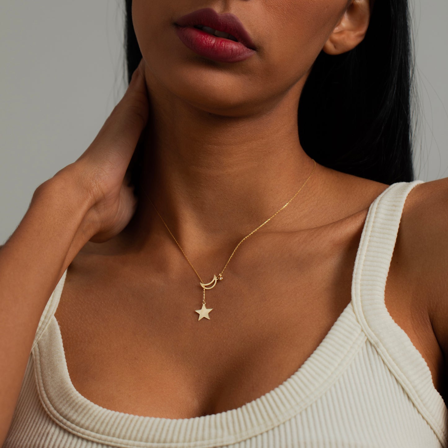 Diamond Moon & Star Y Necklace in 14k Solid Gold