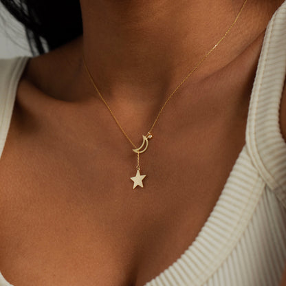 Diamond Moon & Star Y Necklace in 14k Solid Gold