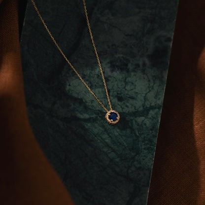 Diamond Halo Sapphire Necklace in 14k Solid Gold