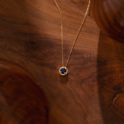 Diamond Halo Sapphire Necklace in 14k Solid Gold