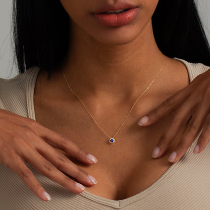 Diamond Halo Sapphire Necklace in 14k Solid Gold