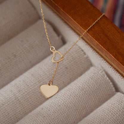 14k Solid Gold Double Heart Necklace for Women