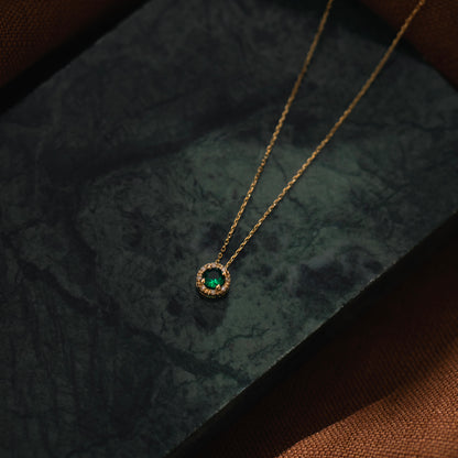 Diamond Halo Emerald Necklace in 14k Solid Gold