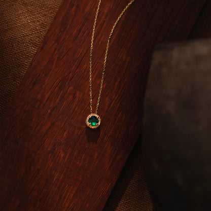 Diamond Halo Emerald Necklace in 14k Solid Gold