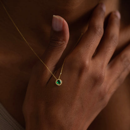 Diamond Halo Emerald Necklace in 14k Solid Gold