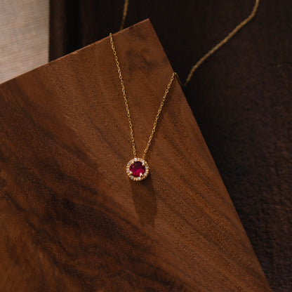 Diamond Halo Ruby Necklace in 14k Solid Gold