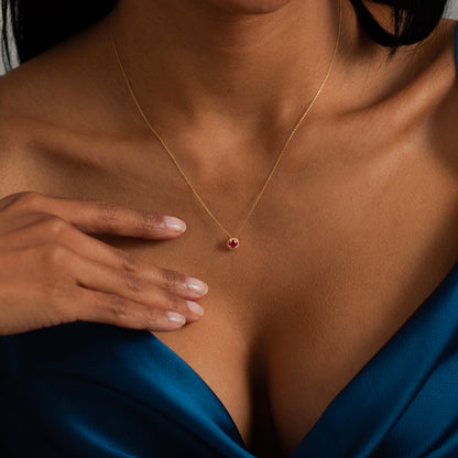 Diamond Halo Ruby Necklace in 14k Solid Gold