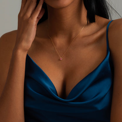 Diamond Halo Ruby Necklace in 14k Solid Gold