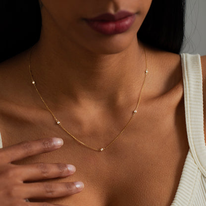 Bezel Diamond Station Necklace in 14k Solid Gold