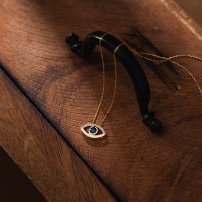 Diamond Sapphire Evil Eye Necklace in 14k Solid Gold