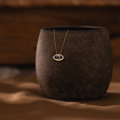 Diamond Sapphire Evil Eye Necklace in 14k Solid Gold