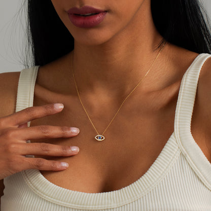 Diamond Sapphire Evil Eye Necklace in 14k Solid Gold