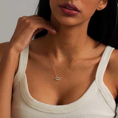 Diamond Sapphire Evil Eye Necklace in 14k Solid Gold