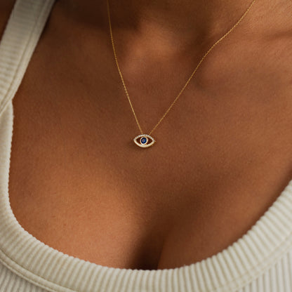 Diamond Sapphire Evil Eye Necklace in 14k Solid Gold