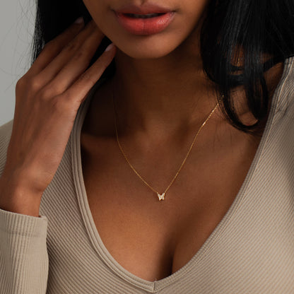 14k Solid Gold Diamond Butterfly Necklace for Women