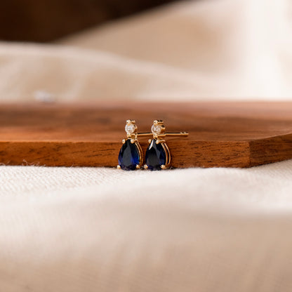 Diamond Sapphire Teardrop Stud Earrings in 14k Solid Gold