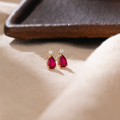 Diamond Ruby Teardrop Stud Earrings in 14k Solid Gold