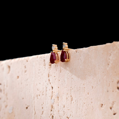 Diamond Ruby Teardrop Stud Earrings in 14k Solid Gold
