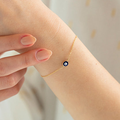 Navy Blue Evil Eye Bracelet in 14k Solid Gold For Women