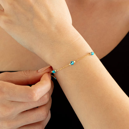 Evil Eye Station Bracelet in 14k Solid Gold For Women