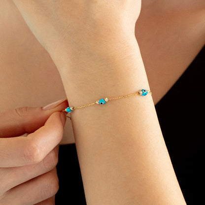 Evil Eye Station Bracelet in 14k Solid Gold For Women