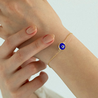 Navy Blue Evil Eye Bracelet in 14k Solid Gold For Women