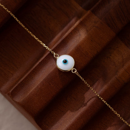 White Evil Eye Bracelet in 14k Solid Gold For Women