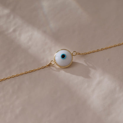 White Evil Eye Bracelet in 14k Solid Gold For Women