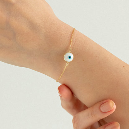 White Evil Eye Bracelet in 14k Solid Gold For Women