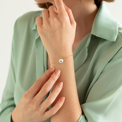 White Evil Eye Bracelet in 14k Solid Gold For Women