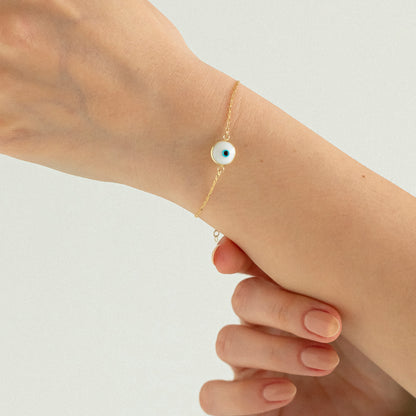 White Evil Eye Bracelet in 14k Solid Gold For Women
